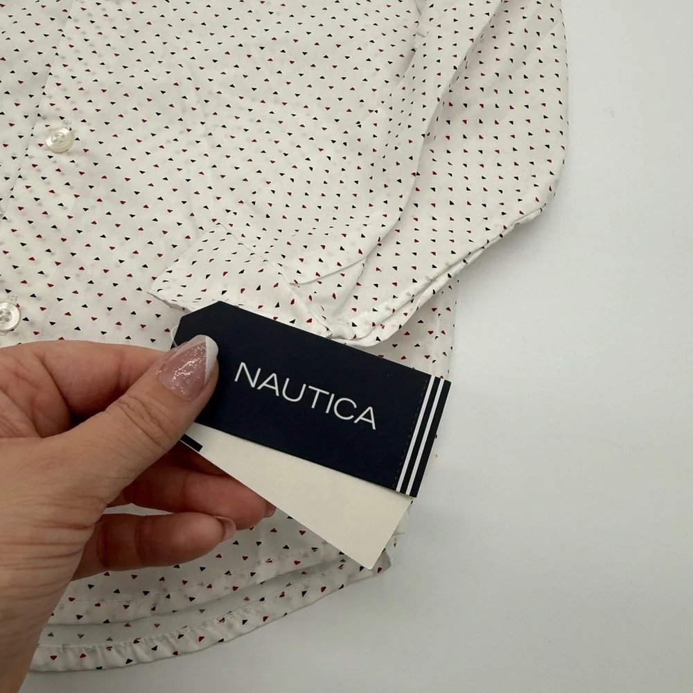 NAUTICA Kid’s Button Down Collared Dress Shirt Sz 4 Regular NWT White Design